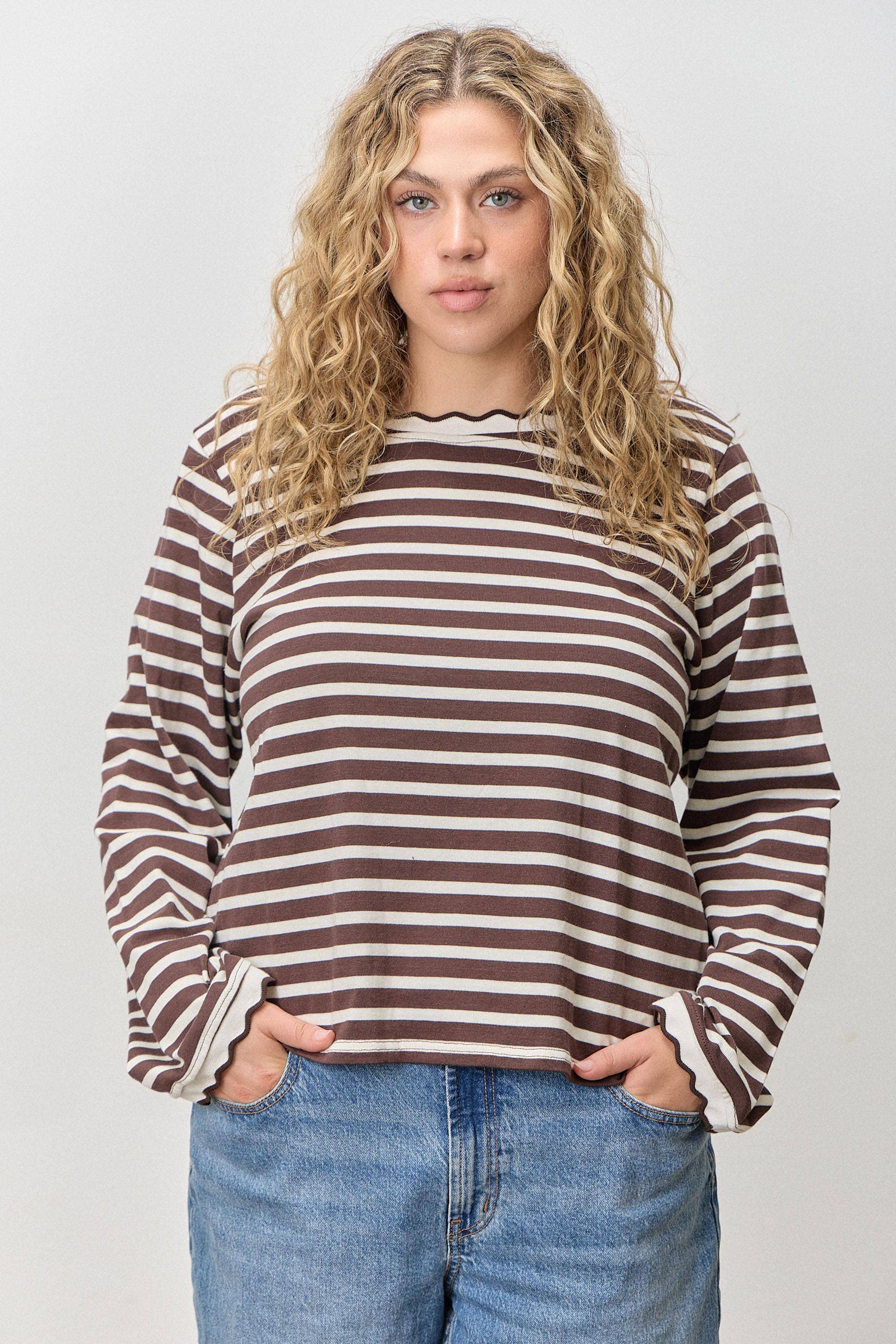 Polagram by Wellmade USA – wholesale Blouse – Women’s – (PLUS) STRIPE LONG SLEEVE TOP WITH WAVY NECKLINE