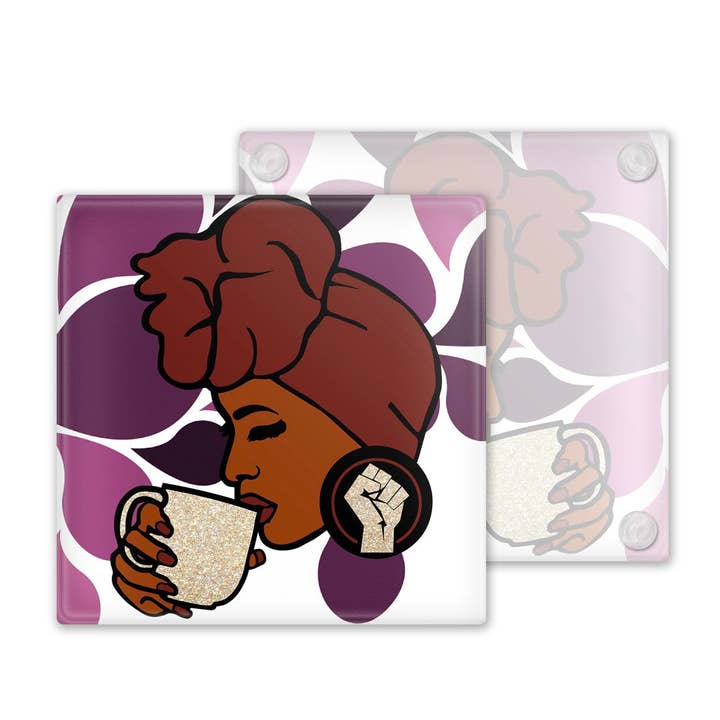 Woman In Head Wrap Glass Coasters, Set of 4 for wholesale by M&K Creative Designs