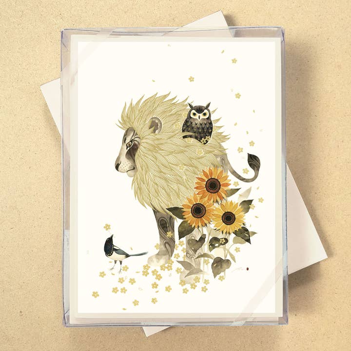 Lion With Owl Foil Boxed Blank Cards for wholesale by Allport Editions