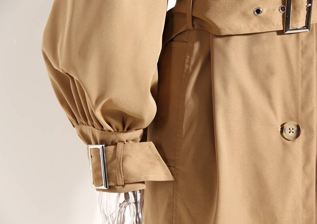 Khaki CT020 Women's Shoulder Ruffle Commuter Knee Length Coat for wholesale on Faire12