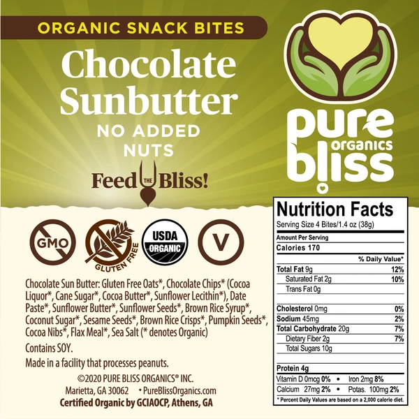 Pure Bliss Organics - Wholesale Snack Bar - Chocolate Sun Butter Nut Free - 4.2oz2