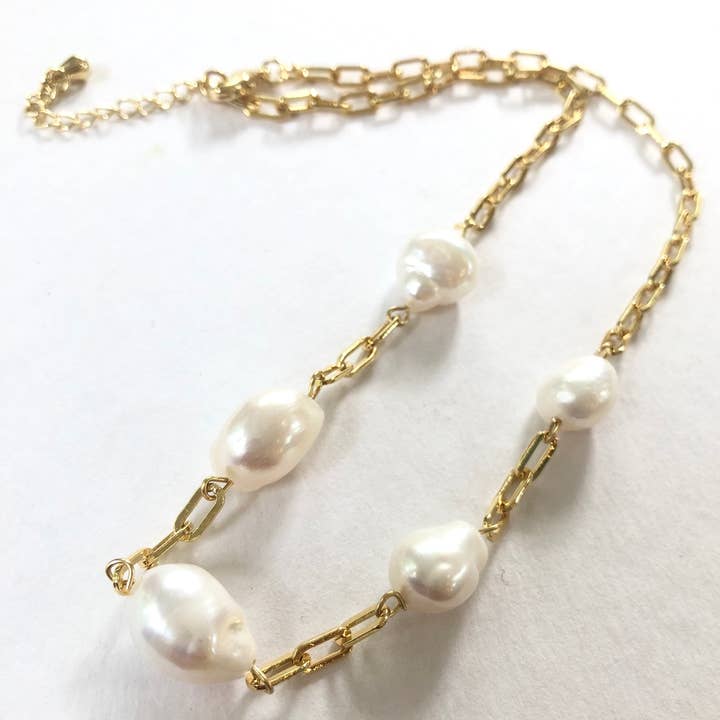 Studio G - Wholesale Beaded/Pearl Necklace - #1062-Potato Pearl and Chain Link Necklace
