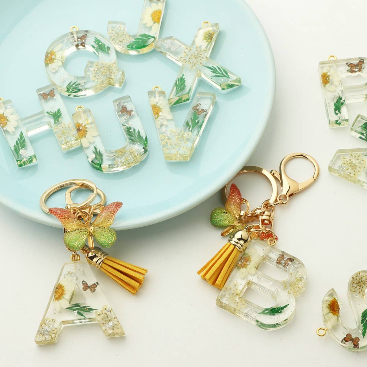 ACCITY - Wholesale Keychain - Women's - Flower Letter Keychain with Yellow Butterfly Charm_CWAB509027