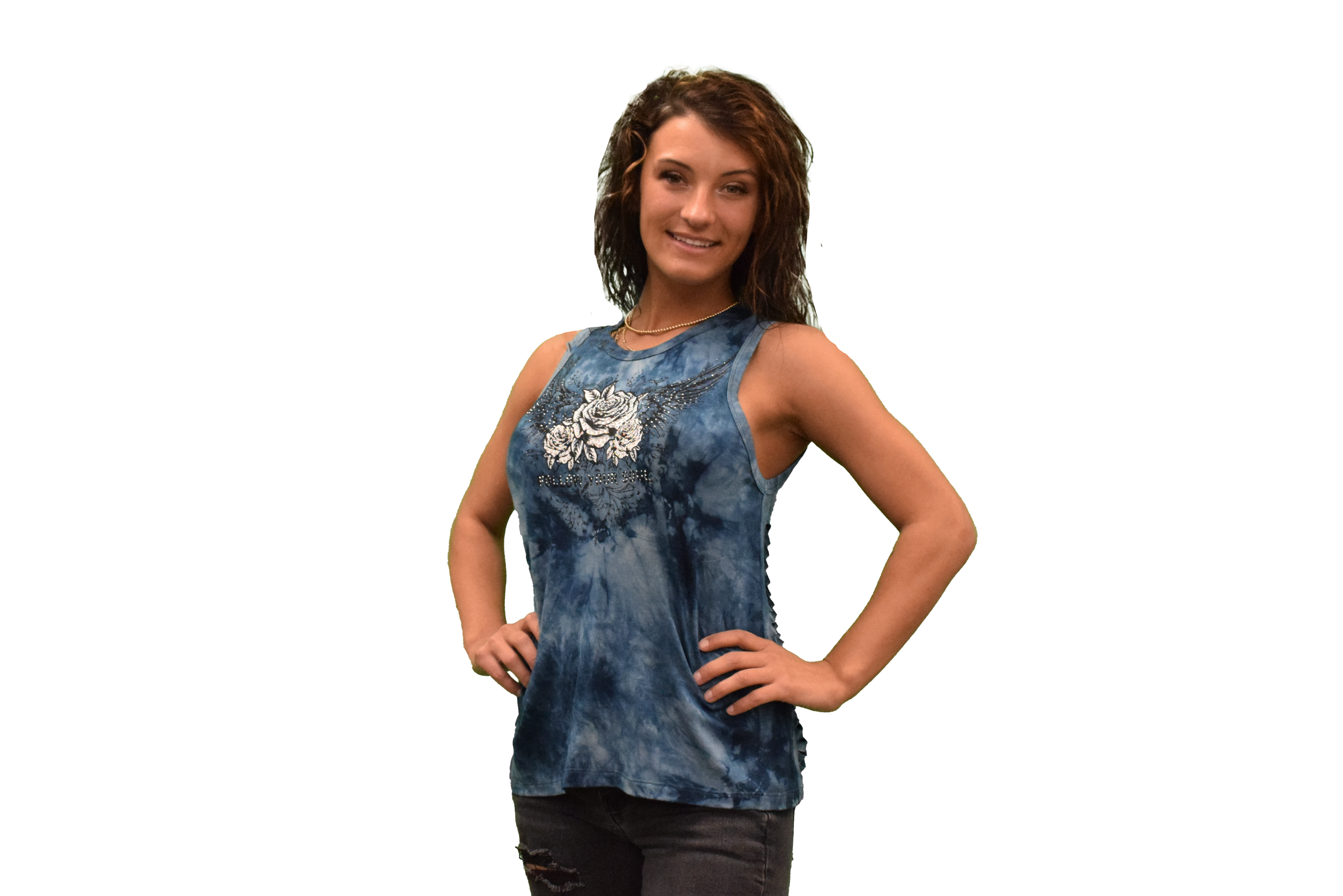 Liberty Wear Apparel - Vente Débardeur – femme - 7509 - Débardeur bleu effet minéral avec roses et ailes ornées de strass3