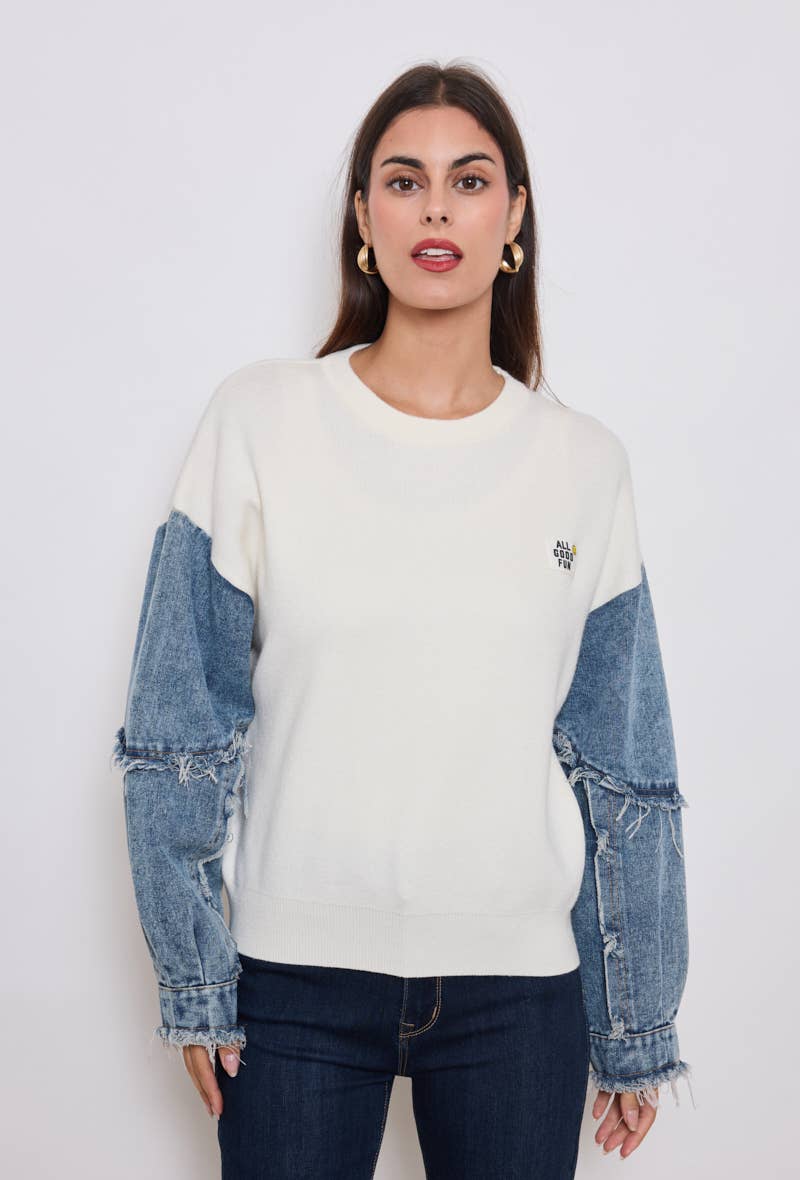 KY CREATION PARIS - Wholesale Knit Sweater - Women's - Sweater with denim sleeves and embroidered patch1