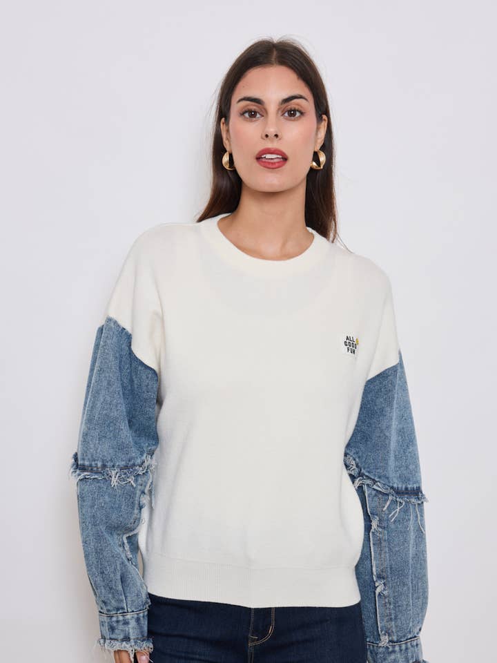 Sweater with denim sleeves and embroidered patch for wholesale by KY CREATION PARIS