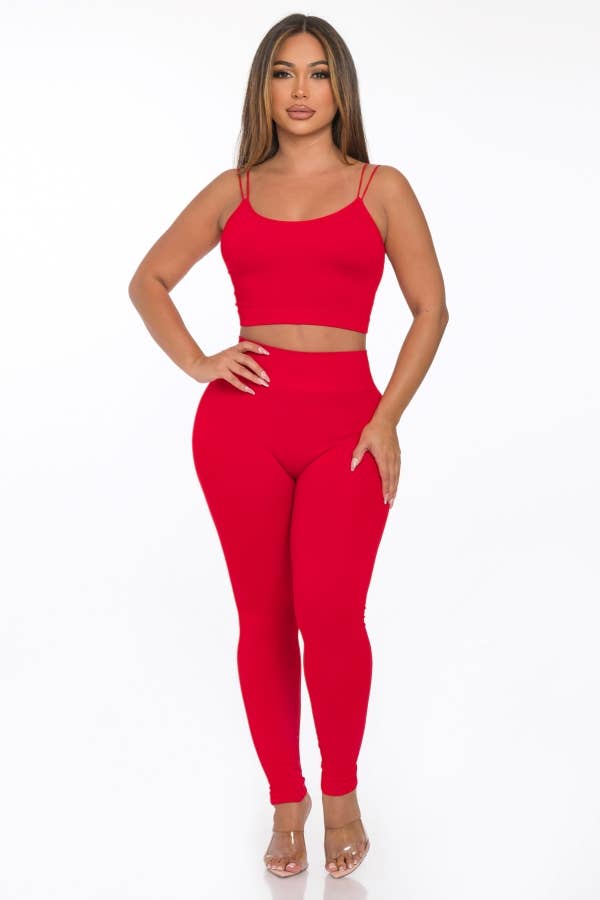 Lime All the Time - Wholesale Lounge Set - Women's - 2 Pcs Seamless Double Spaghetti Strap Top and Legging Set12