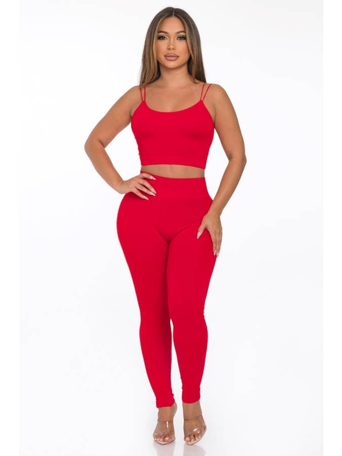 Lime All the Time - Wholesale Lounge Set - Women's - 2 Pcs Seamless Double Spaghetti Strap Top and Legging Set12