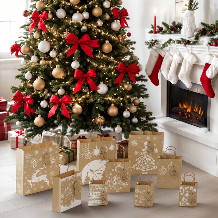 Presence - Wholesale Gift Bag Set/Pack - 24PCS Eco-friendly Kraft Christmas Gift Bags, 3 Sizes
