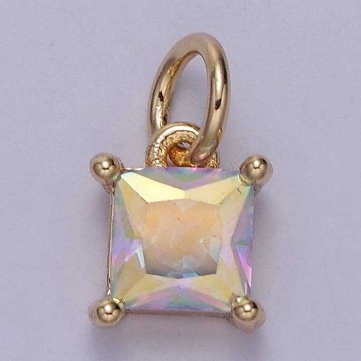 Rainbow Cubic Zirconia AB Aurora Borealis dangle Square Charm 14k yellow gold filled boutique jewelry Supply E-421 E-652 for wholesale by Aim Eternal