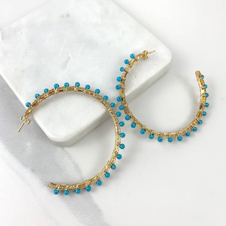 18k Gold Filled 6mm Hoop Earrings, C-Hoop, Brazilian Hand Made, Gold Flowers & Blue Beads Wholesale Jewelry Making Supplies for wholesale by DIJU Jewelry
