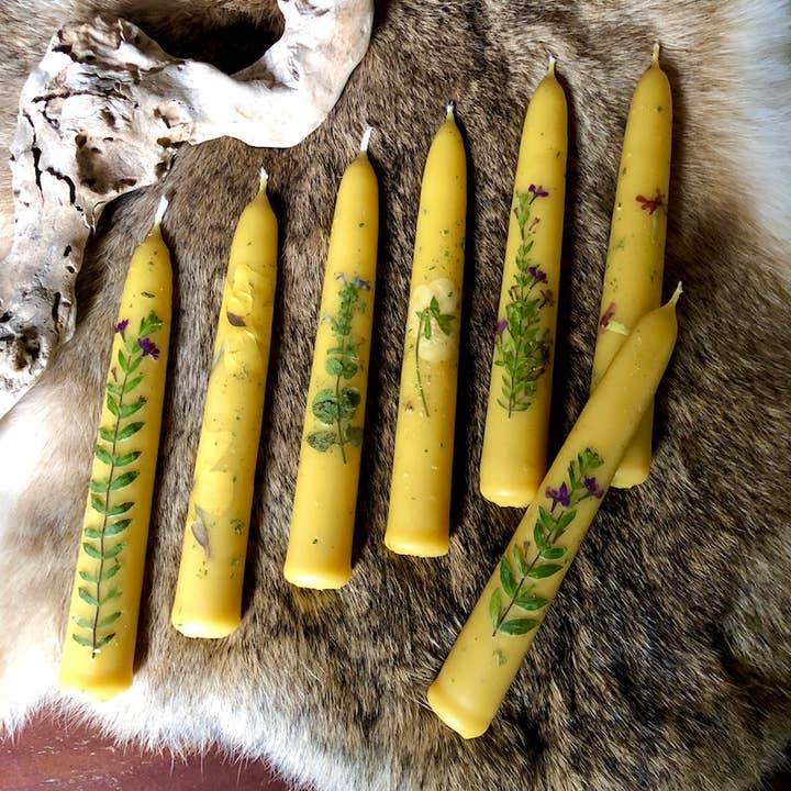 Handmade Beeswax 6" Taper Floral Candle: From the Garden for wholesale by Moth and Candle