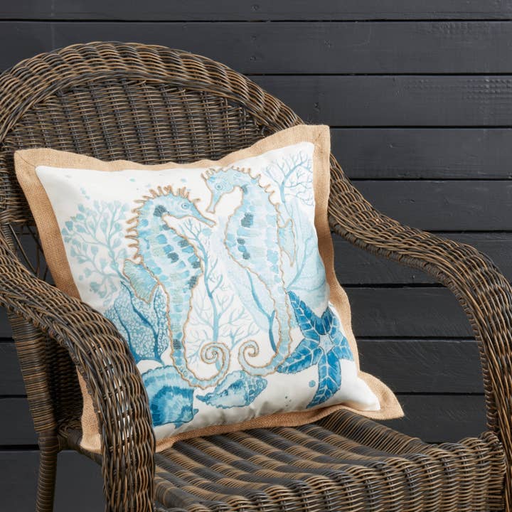 Navy Blue Charming Outdoor Sea Horse Pillow for wholesale on Faire