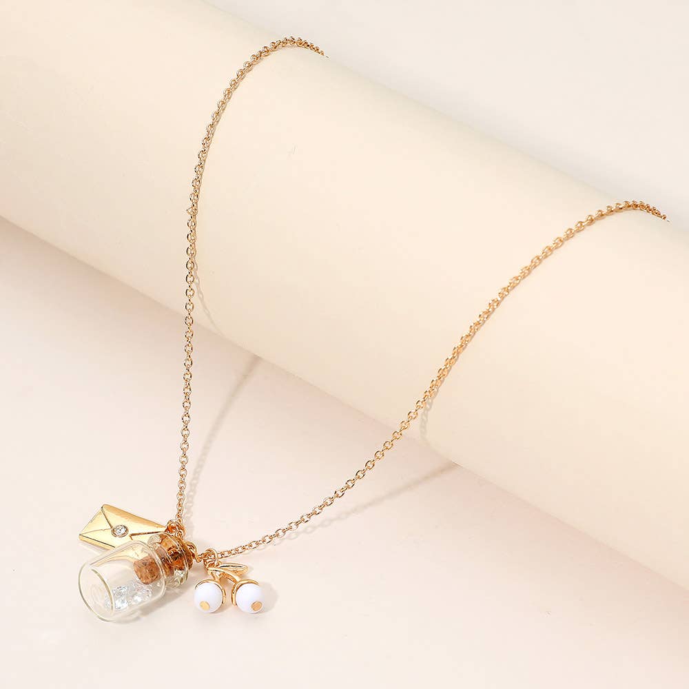 Sensibling Corp. - Wholesale Pendant/Charm Necklace - Whimsical Glass Bottle Envelope Cherry Charm Pendant Necklace1