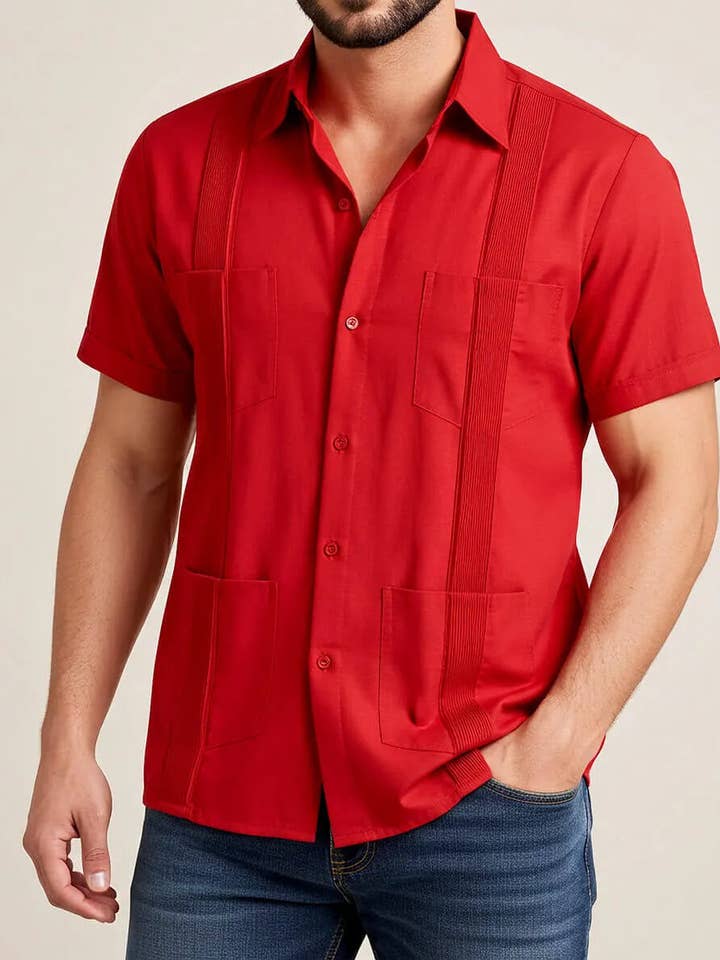 Fiesta Red Four Pocket Traditional Guayabera for wholesale by Y.A.Bera Clothing Modern Guayaberas