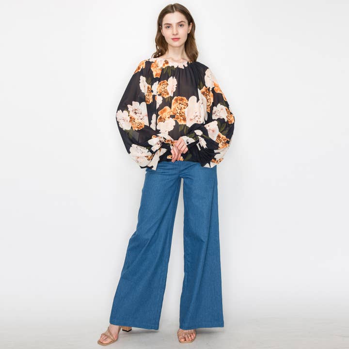 Black flower print blouse - LWT1743 for wholesale by LoveWednesday