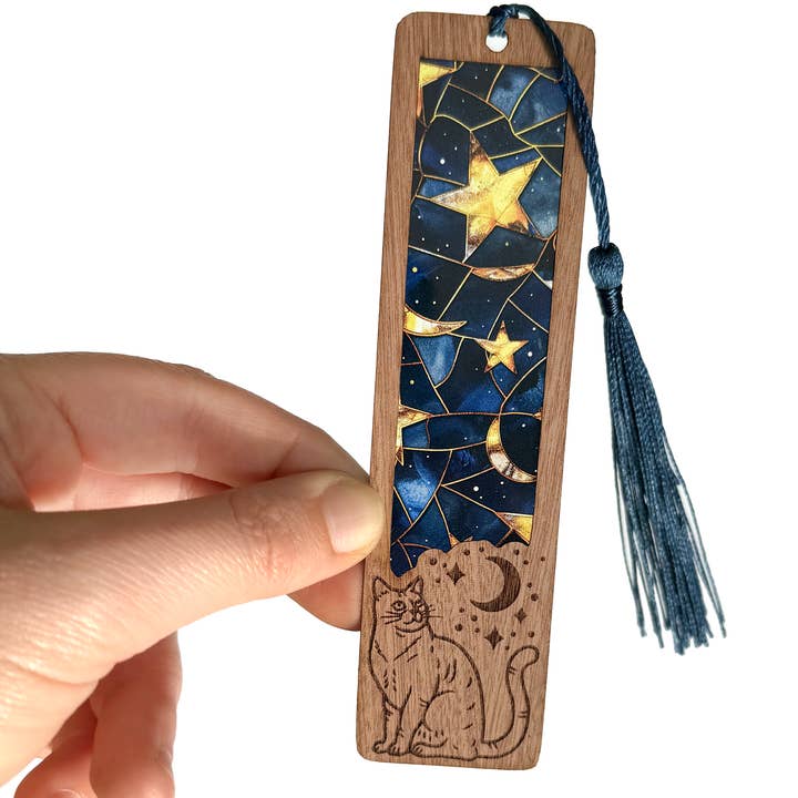 Celestial Cat Bookmark | Wood & Acrylic Tassel Bookmark for wholesale by Art by Sharell