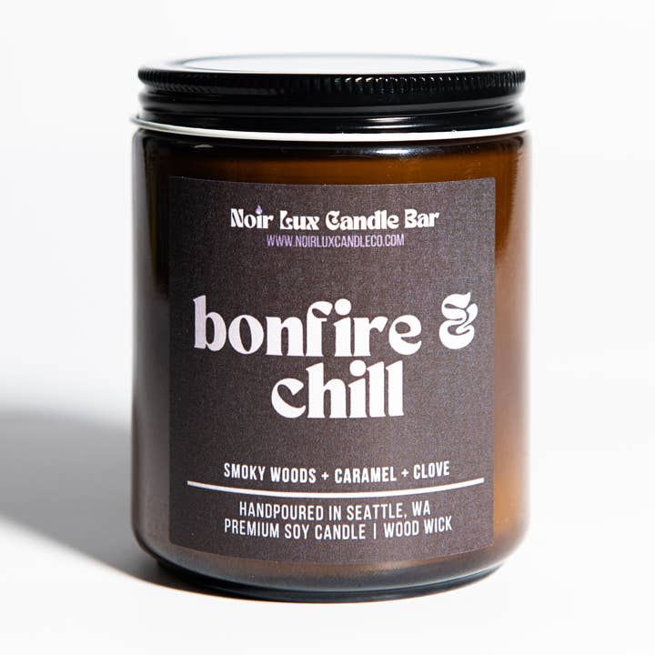 Bonfire & Chill | 9 oz Soy Wax Wood Wick Candle for wholesale by Noir Lux Candle Co