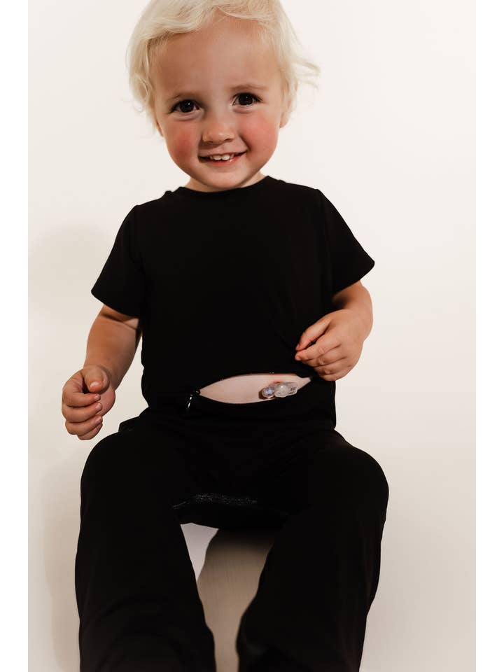 Zipease - Wholesale Jumpsuit - Kids - Black Bamboo Lyocell Romper with G-Tube Access