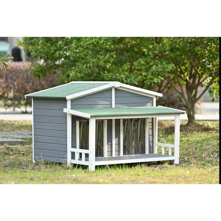 Gray Large Wooden Dog House with Porch, 2 Doors, Cabin Style for wholesale on Faire2