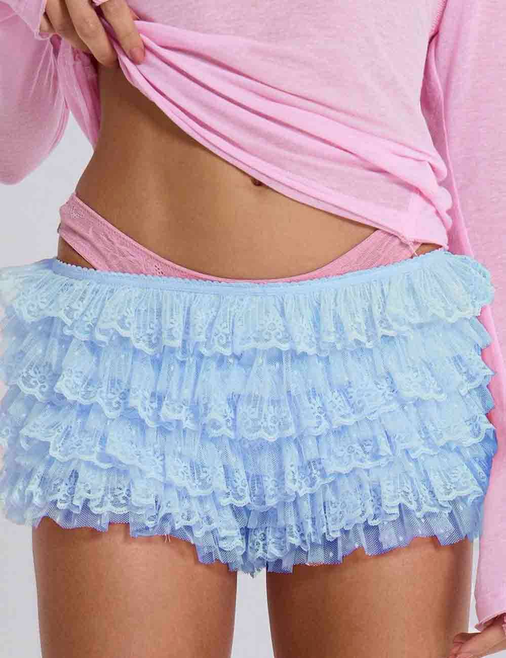 Sweetkama - Vente Short – femme - Shorts à volants en dentelle unie avec nœud pour femmes5