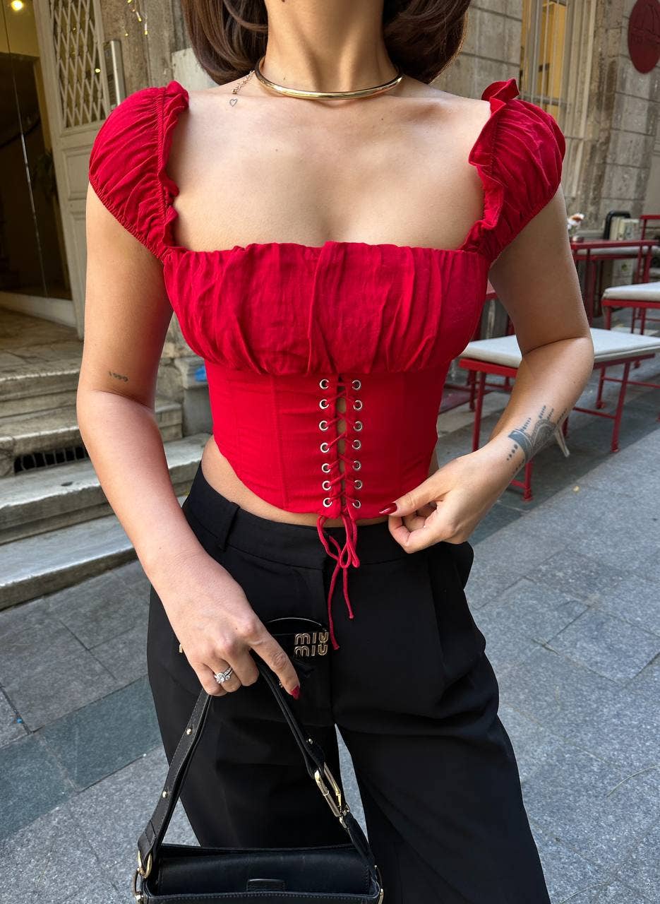 Standpoint Top - Wholesale Blouse - Women's - Ruffle-Trim Lace-Up Corset Top – 11067