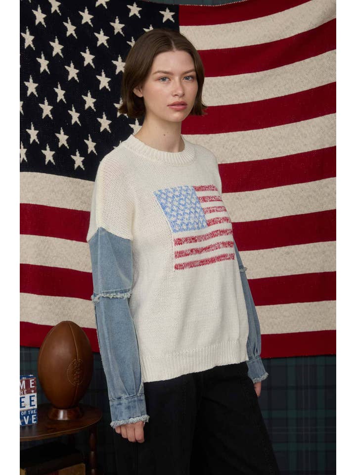 J.O.A - Wholesale Knit Sweater - Women's - AMERICAN FLAG DISTRESSED DENIM SLEEVE KNIT SWEATER8