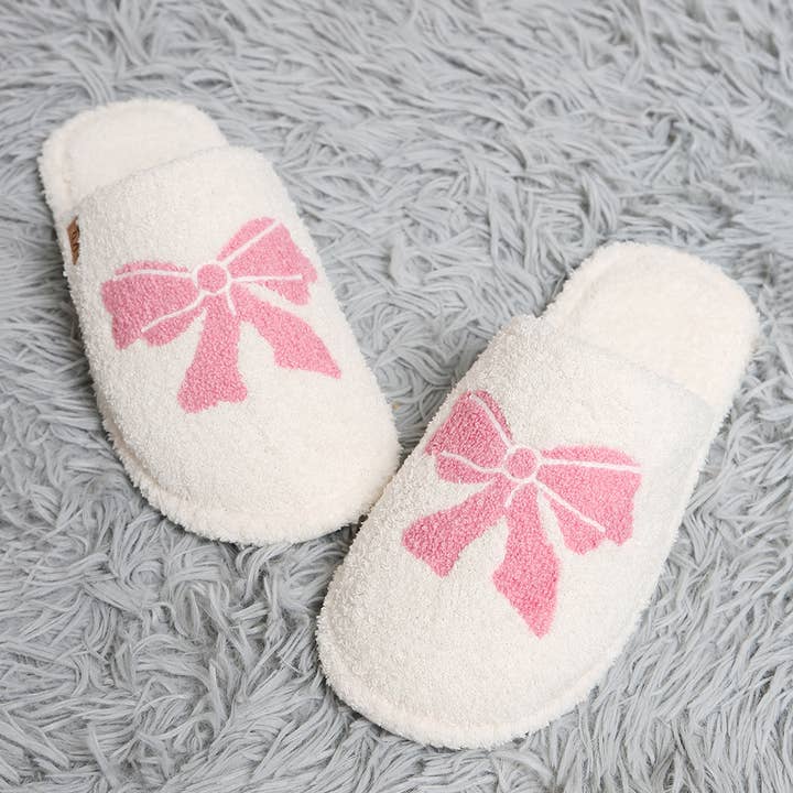 Pink Ribbon Bow Print Luxury Soft Home Slippers for wholesale on Faire