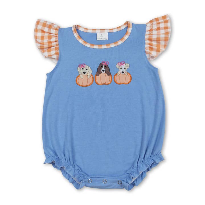 Plaid flutter sleeves dog pumpkin baby girl fall romper for wholesale by Yawoo Garments