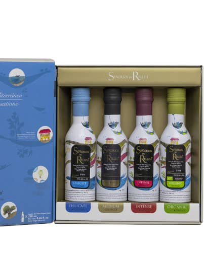 Señoríos de Relleu Extra Virgin Olive Oil – Mediterranean Sensations Giftbox (4 × 250 ml) for wholesale by Tinmonger