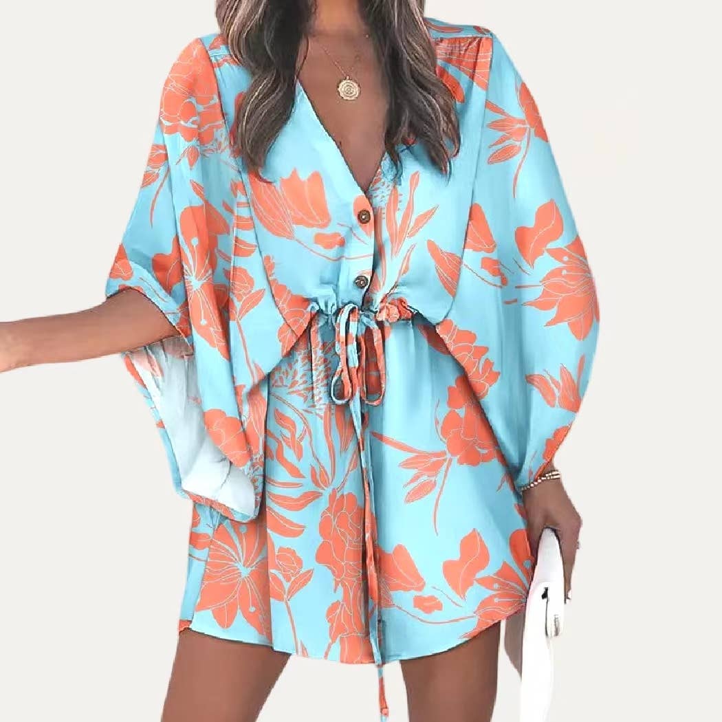 The Moment Collection - Wholesale Swim Cover Up - Women's - Floral Print Button Tying Wasit Half Sleeve Cover Up3