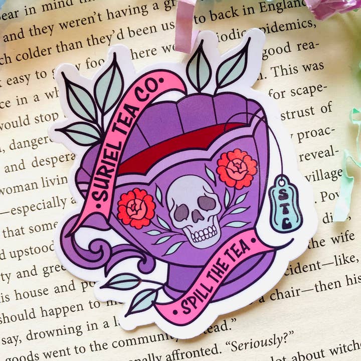 Suriel Tea spill the tea bookish Dye Cut sticker for wholesale by Chapter & Ink