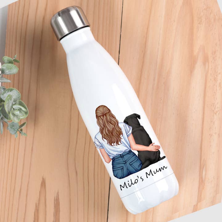 Customisable Lady & Dog Drinks Bottle for wholesale by DoodlecardsBoutique