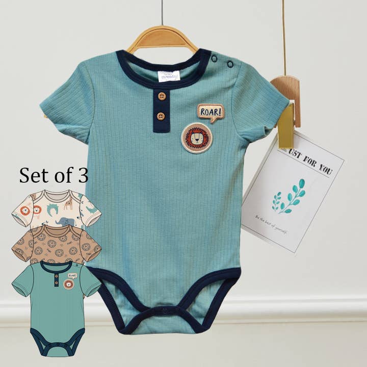 Confezione da 3 body in twill 100% cotone con toppe Baby Roar Lion per la vendita all'ingrosso da parte di Lollipop Dreams
