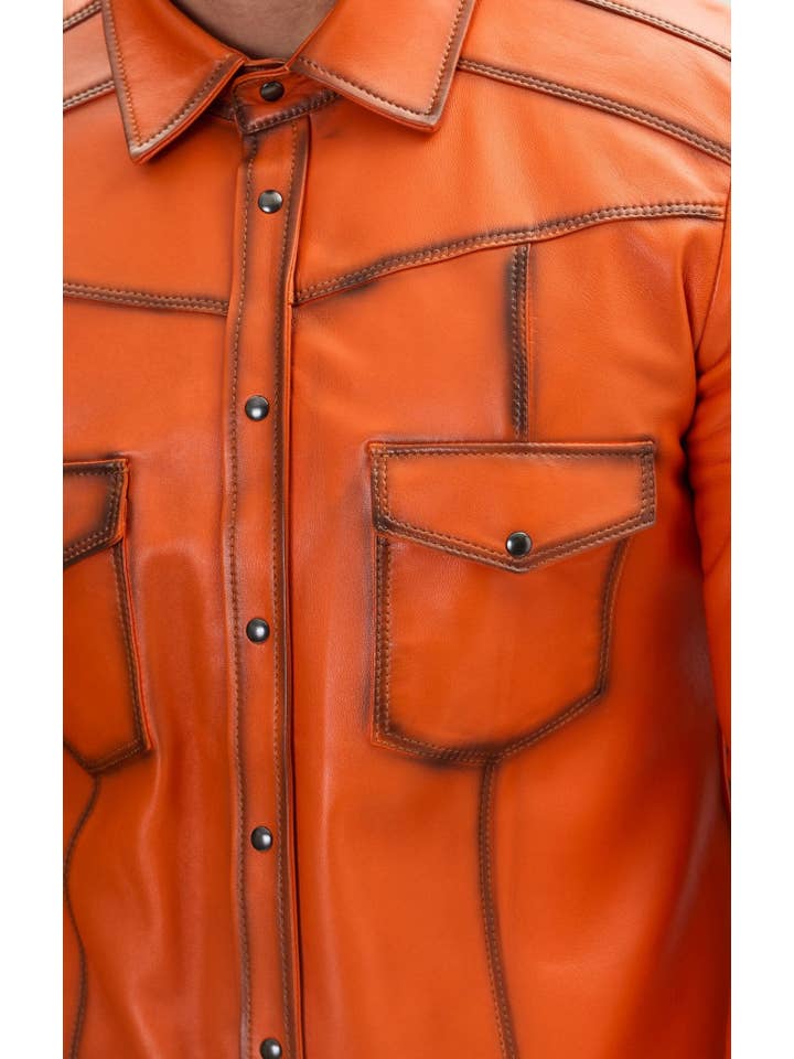 TEINTE ORANGE Chemise pour homme en cuir d'agneau véritable teintée orange en vente sur Faire6