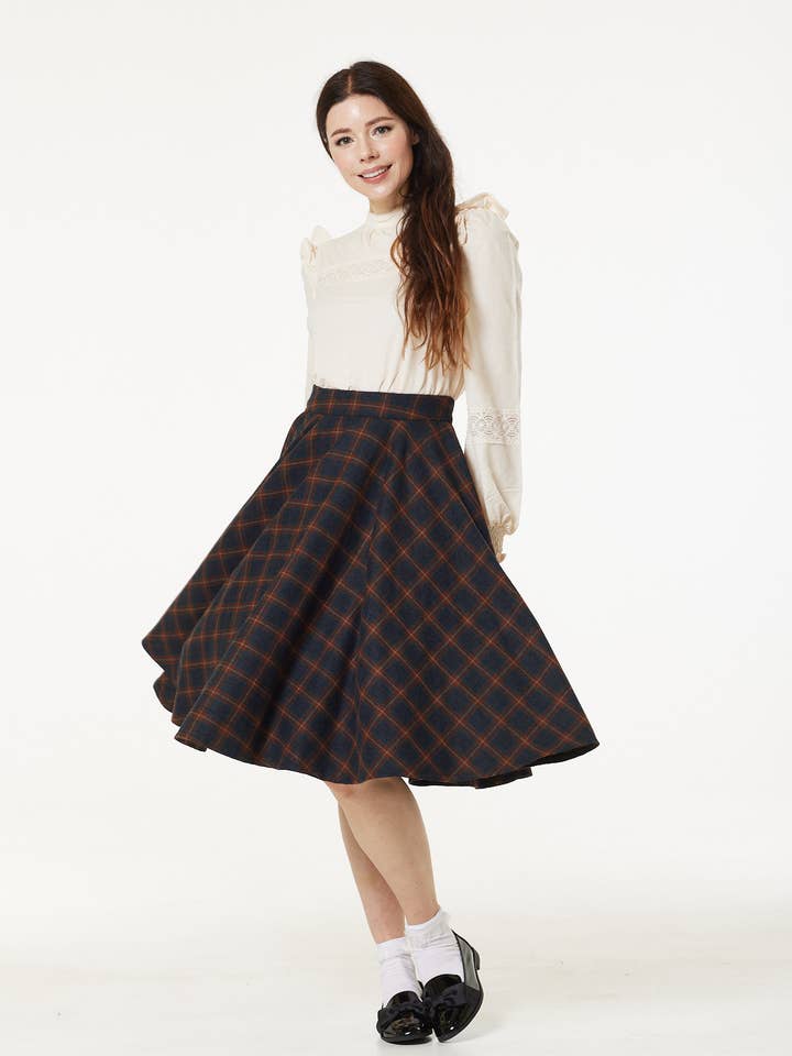 Sophie Rust & Green Woollen Check Tartan Midi Swing Skirt for wholesale by Timeless London