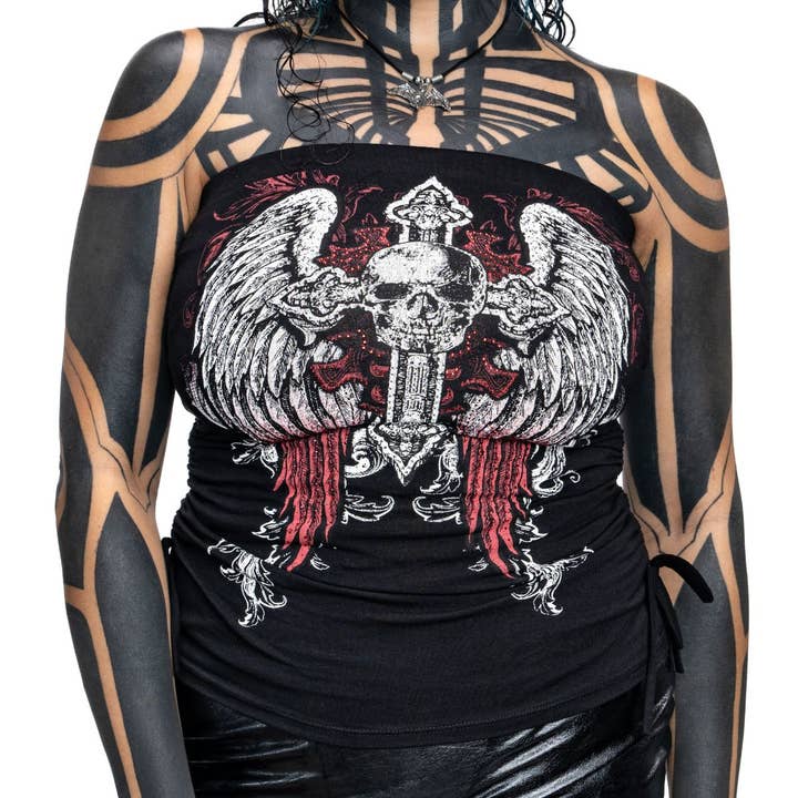 Rhinestone Angel Wings Skull Cross Y2K Tube Top for wholesale by Wicked Misfit
