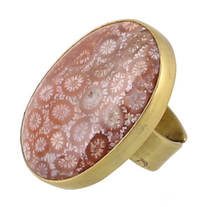 Bezel Set Ring, Brass - Fossilized Coral for wholesale by HomArt