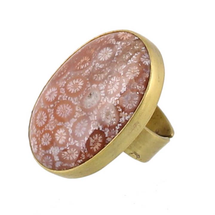 HomArt - Wholesale Cocktail/Statement Ring - Bezel Set Ring, Brass - Fossilized Coral