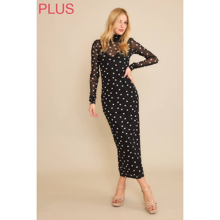 Sweet Generis - Wholesale Dress - Women's - PLUS POLKA DOT MESH PRINT MAXI DRESS WITH SEPARATE LINING DR5