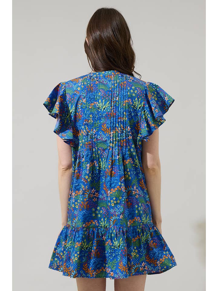 COBALT COMBO Ruya Floral Lizzy Pleated Ruffle Mini Dress for wholesale on Faire1
