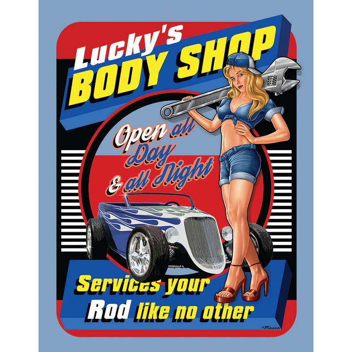 Lucky's Body Shop Tin Sign for wholesale by Desperate Enterprises