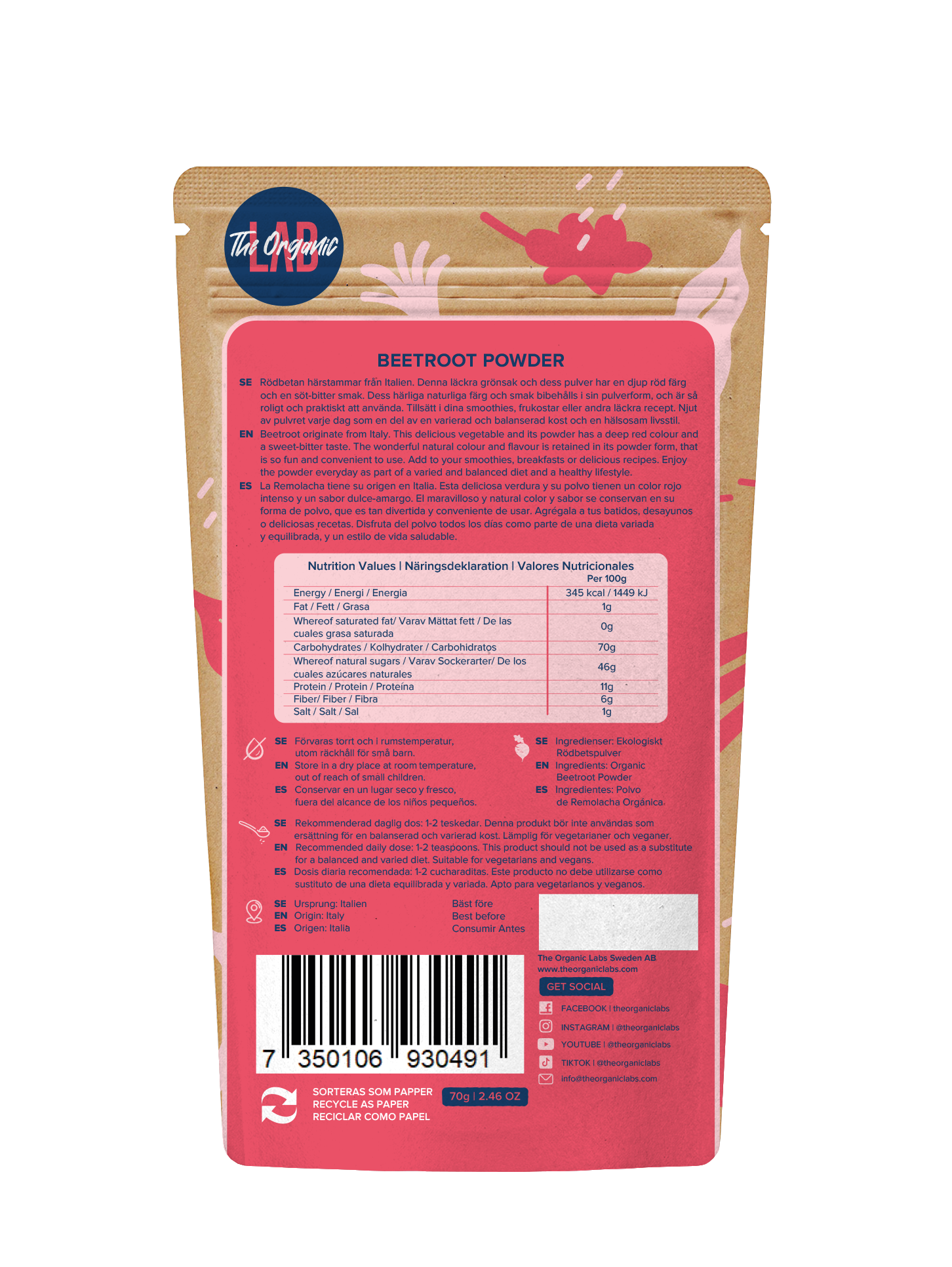 THE ORGANIC LAB - Wholesale Protein/Superfood Powder - Organic Beetroot - 70g  (1 CASE 10 PIECES )1