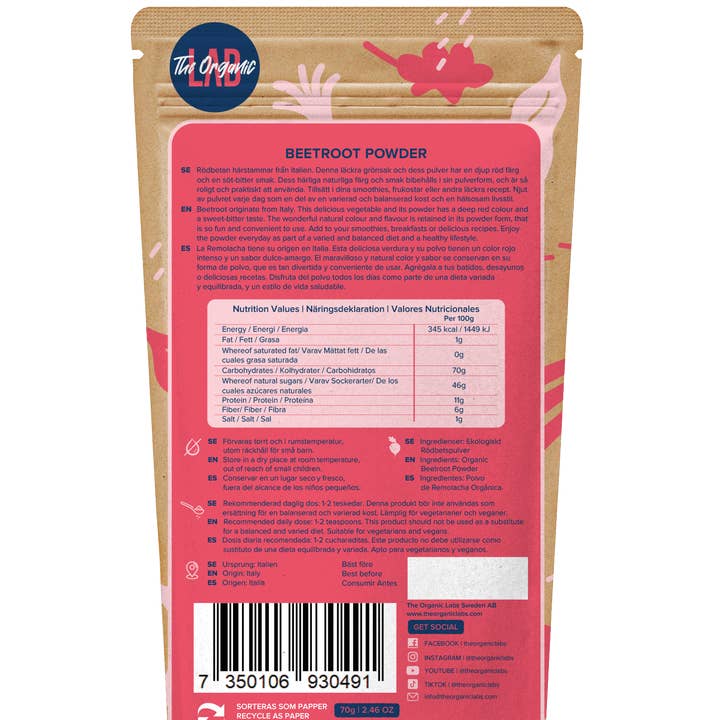 THE ORGANIC LAB - Wholesale Protein/Superfood Powder - Organic Beetroot - 70g (1 CASE 10 PIECES )1