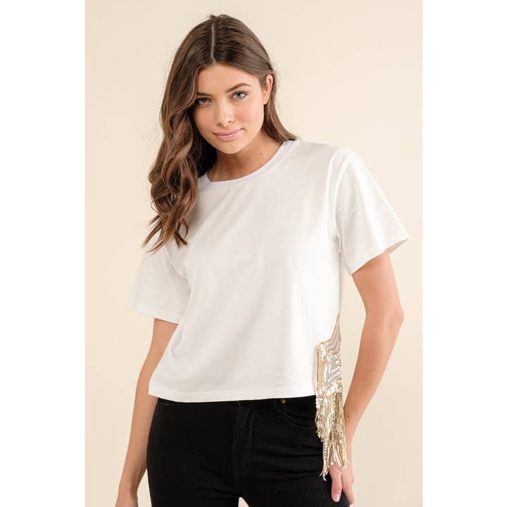 Cotton Jersey T Shirt - Star Fringe Burn Out Side Detail for wholesale by Clothing of America