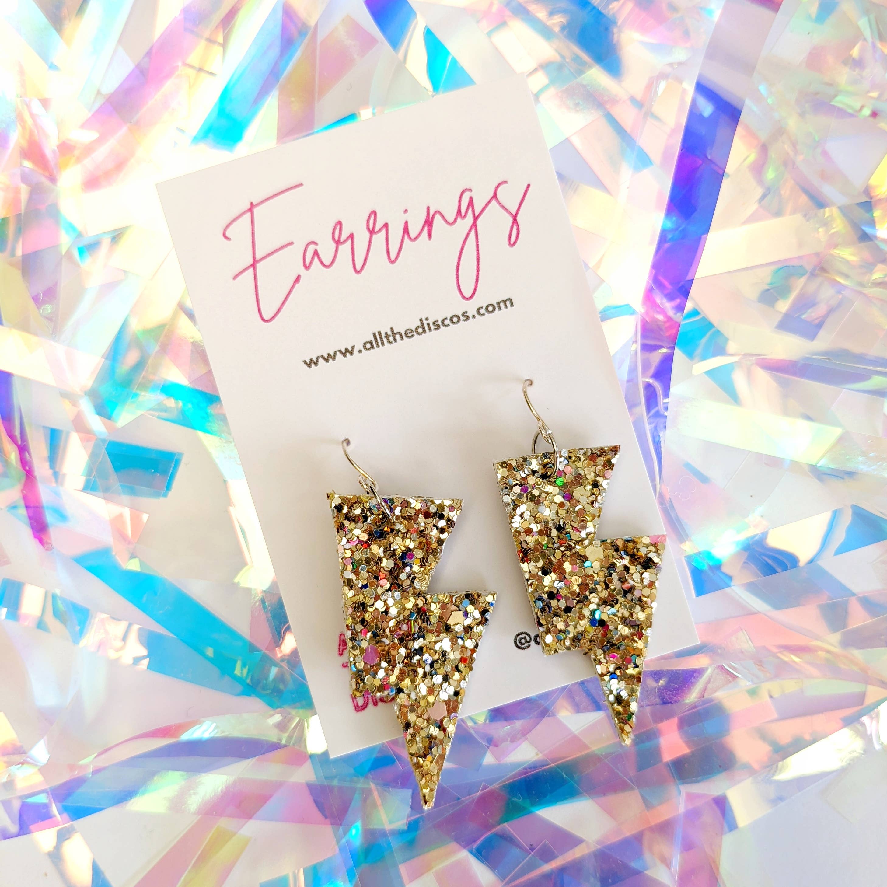 All The Discos - Vente Boucles d'oreilles pendantes - Petites boucles d'oreilles en forme d'éclair à paillettes en or concassé2