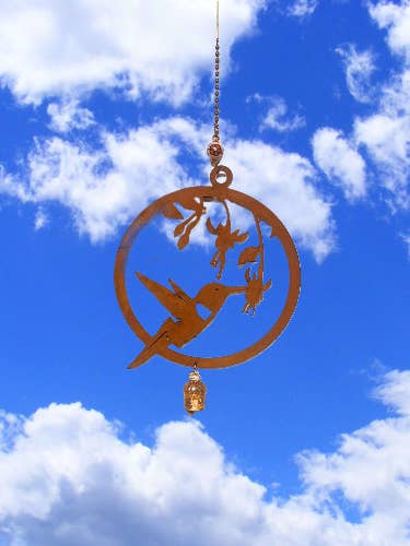 Hummingbird Rustic Metal Garden Bell Chime Decor for wholesale by Universal Ironworks USA