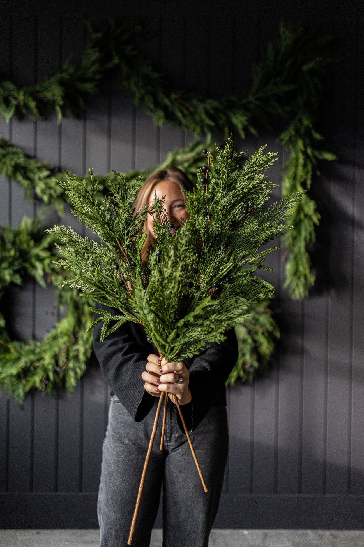 Luxe B Co - Wholesale Artificial Flowers - Navy Plum Berry Norfolk Cypress Real Touch Stems0