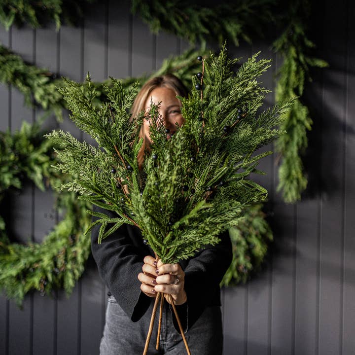 Luxe B Co - Wholesale Artificial Flowers - Navy Plum Berry Norfolk Cypress Real Touch Stems