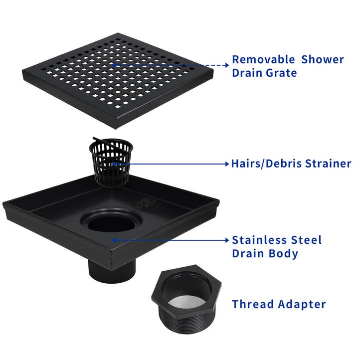 inQbrands – wholesale Bathroom accessory set – 6x6 Stainless Steel Square Shower Drain, Matte Black